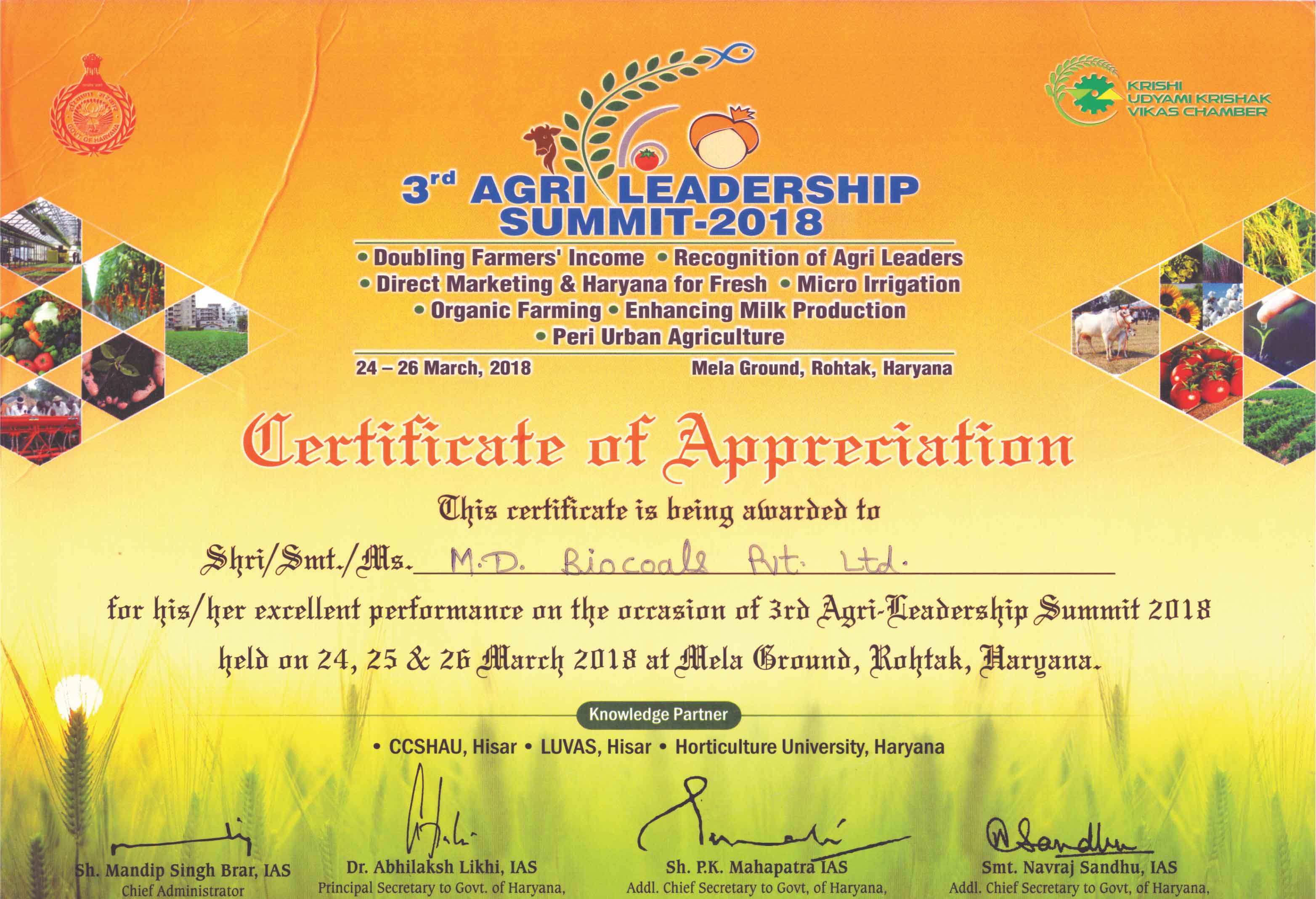 Certificate of Appreciation in 3rd Agri Leadership Summit-2018